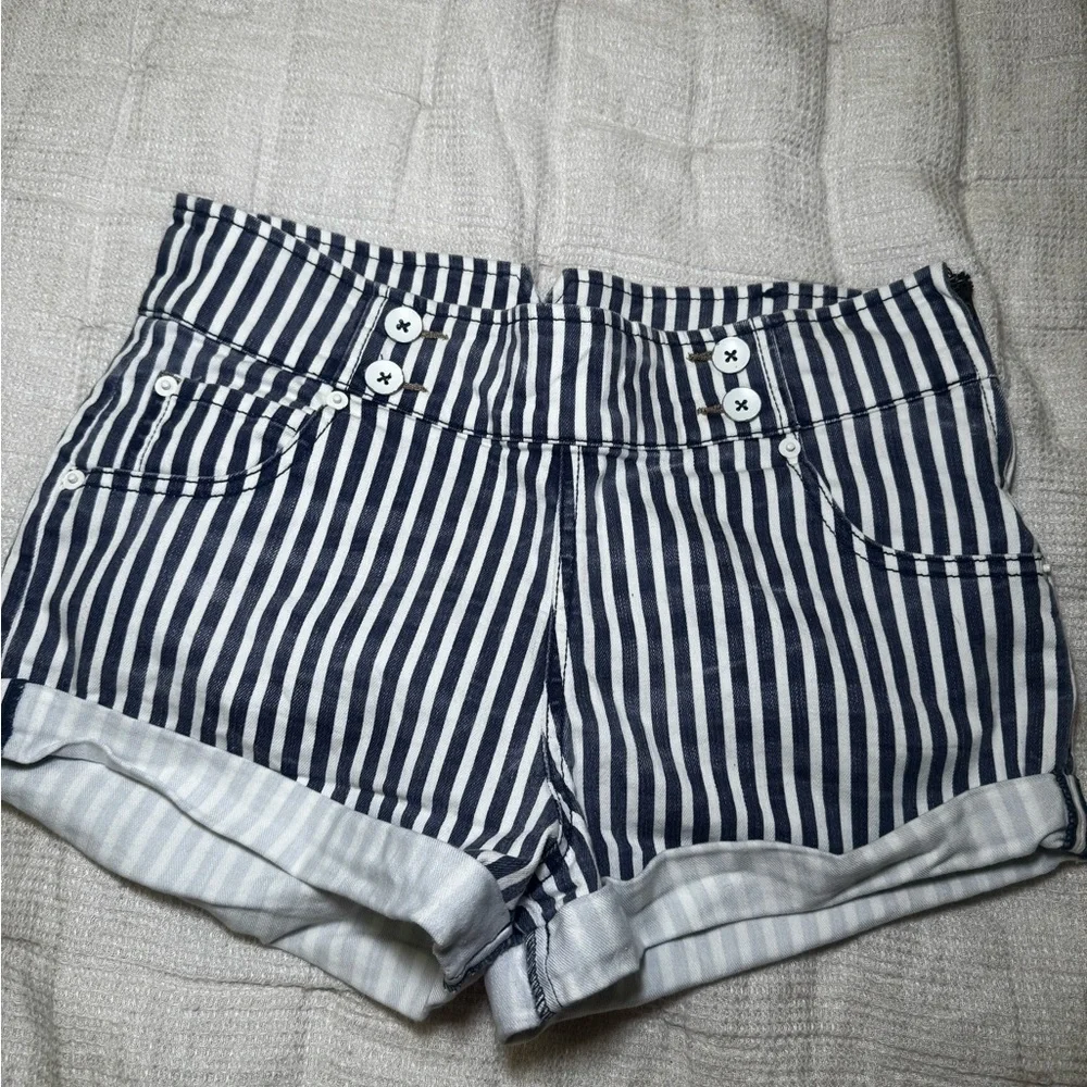 Free People Navy and White Striped High-Waist Jean Shorts